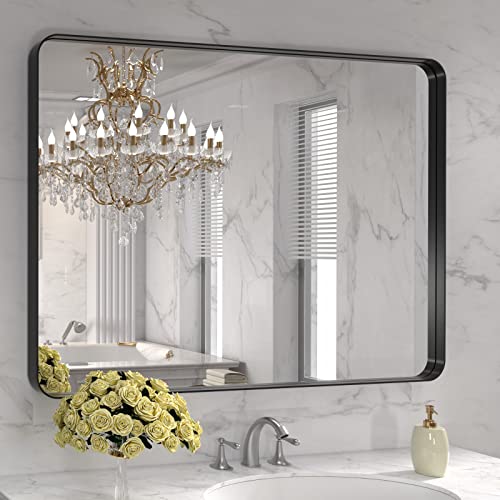 LOAAO 40X32 Inch Black Metal Framed Bathroom Mirror for Wall,