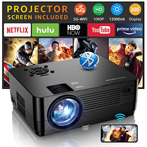 5G WiFi Bluetooth Native 1080P Projector[Projector Screen Included], Roconia 12000LM
